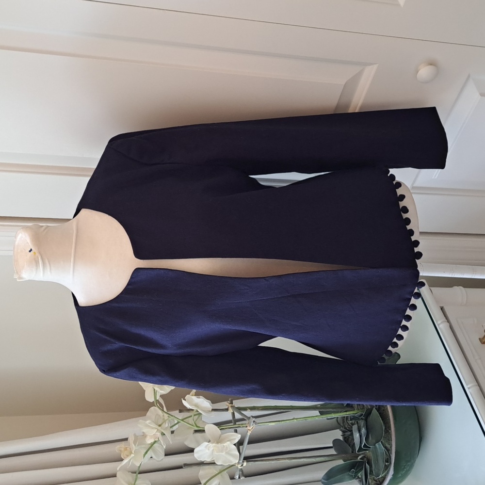 J.Crew Factory Navy Linen Blend‎ Cropped Lined Open Blazer Pom-Poms Hem S-M